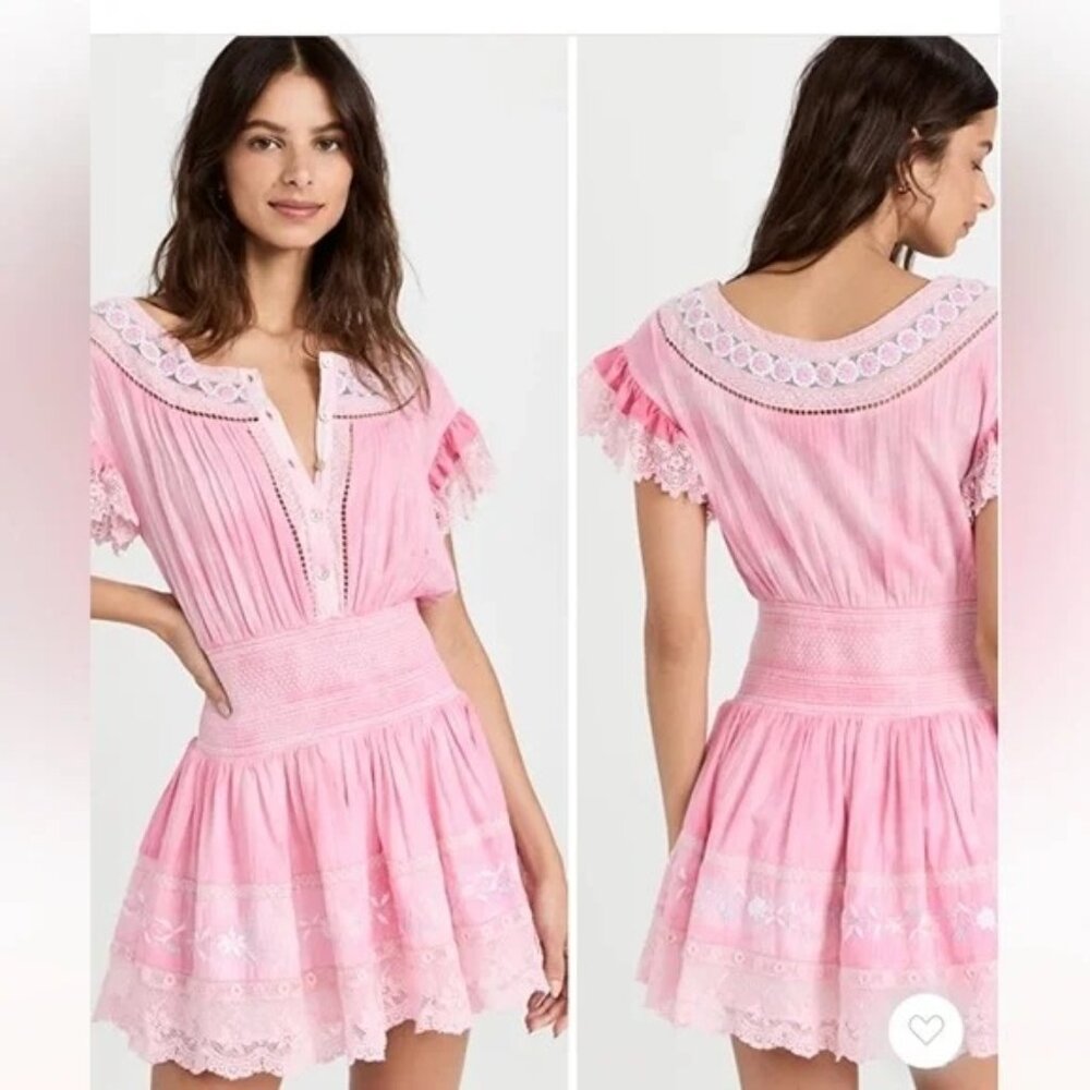 LoveShackFancy Pink Lace-Trim Mini Dress